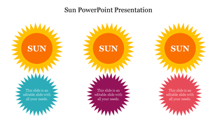Slide with three bright yellow sun shapes, and three colorful starburst text boxes below in blue, purple, and orange.