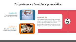 Slide showing two images of a mother holding her baby and another of postpartum care, with a red text box on the right.