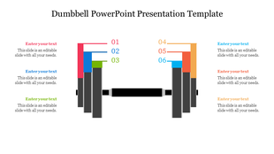 Dumbbell illustration with six colored labels pointing to weight sections, three on each side, and matching text boxes.