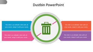 Slide featuring a dustbin icon in the center with four sections in blue, pink, red, and purple on each side with text.