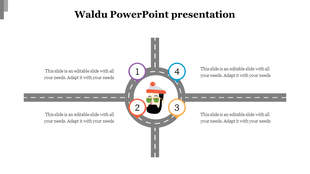 Circular road diagram with four numbered points around a central cartoon man, with placeholder text areas at each road end.
