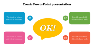 A vibrant comic themed slide layout with four numbered bubbles in different colors, designed for adding text.