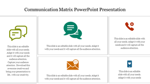 A communication matrix slide with various icons like speech bubbles, a phone, a message symbol, and text sections.