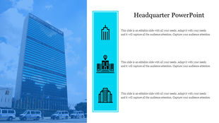 Slide with a blue tinted skyscraper image on the left and three vertical icons in teal box, with text on the right.