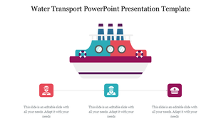 Colorful PowerPoint water transport slide featuring a stylized ship and placeholders for content with icons.