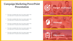 Marketing campaign PowerPoint template with sections for the target audience, strategy, and objectives with icons and images.