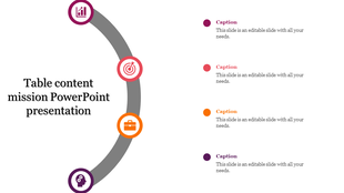 Grey curved path with milestone icons in pink, red, orange, and purple, each linked to captions on the right.