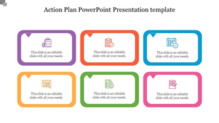Colorful action plan slide featuring six sections with icons and text captions.