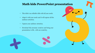 Math kids slide featuring a cartoon number 5 wearing a hat, with mathematical symbols on a blue background with text area.
