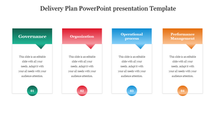 Delivery plan presentation slide with four colored labeled cards with placeholder text.