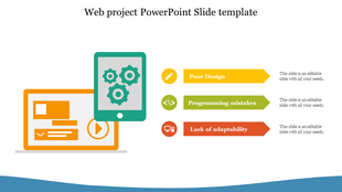 Web design slide featuring a tablet showing gears, a laptop illustration, and three labeled issues with icons.