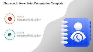 A playful phone illustration and five color-coded caption boxes on the right, each containing placeholder text areas.