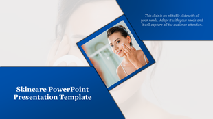 Central diagonal image of a woman with a skincare product, set against a split white and blue background.