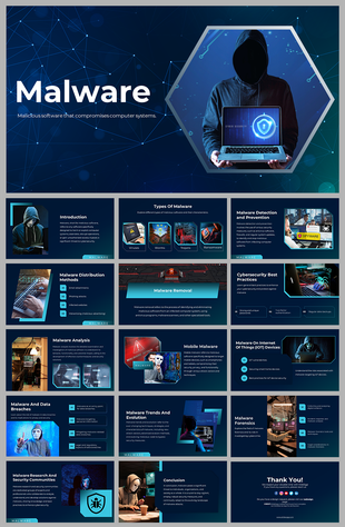 Slide deck with blue digital theme, showing types of malware, cybersecurity best practices, and methods of distribution.
