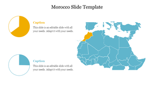 A template with a map of North Africa, highlighting Morocco and two pie charts with captions areas.