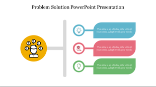 Problem Solution slide featuring a diagram with a yellow problem icon and three colored solution icons with text area.