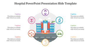 Slide featuring a hospital building illustration surrounded by colorful medical icons with text captions.