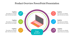Product overview slide featuring colorful circular design, showcasing a laptop and associated feature icons and captions.