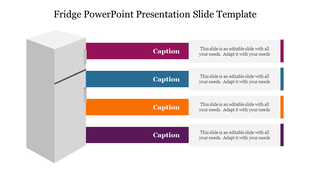 Fridge illustration on the left with four colored captions extending from it to the right, each with text.