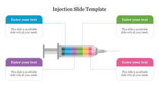 Colorful injection slide featuring a syringe in the center and placeholders for text around it.