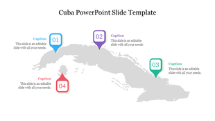 Gray map of Cuba with four numbered location markers in blue, purple, green, and red displaying captions.