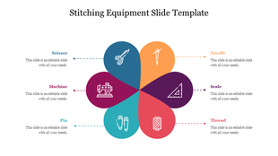 Flower shaped layout with six segments in different colors, each displaying a stitching tool icon and caption.