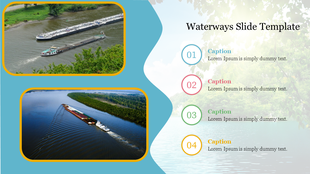 Two images of ships navigating waterways, with captions and colorful circles representing different sections.