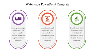 Three vertically aligned water themed icons in circular frames, accented with curved lines in purple, orange, and green.