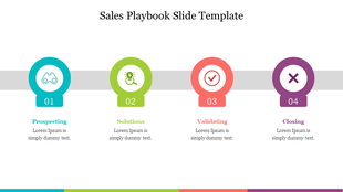 Four numbered circular icons in teal, green, red, and purple on a grey bar, representing stages of a sales process.