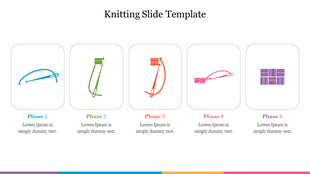 Five-step knitting process diagram with icons on white background representing each phase in different colors.