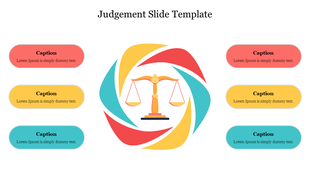 Judgment slide featuring a balanced scale graphic surrounded by colorful shapes and caption boxes.