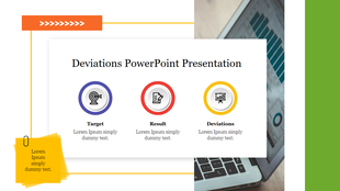 Deviations-themed slide with labeled icons, placed next to a laptop graphic in the background.