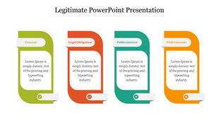 Illustrated slide with four legitimacy topics, each section color-coded and labeled with icons.