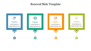 Four squares in blue, green, orange, and green, each containing a renewal icon, aligned horizontally on a line.