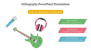 Orthography-themed slide featuring microphone, guitar, headphones, and three colored placeholders text areas.