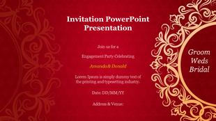 Stylish red background engagement invitation with gold floral accents and placeholders for names and event information.