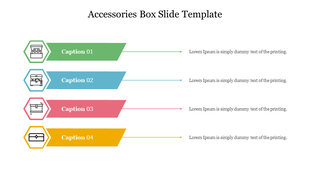Accessories box slide with four sections, each featuring an icon, caption, and description in different colors.