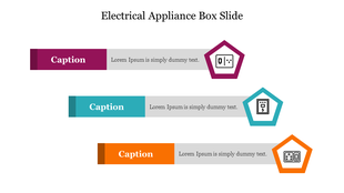 A PowerPoint slide featuring electrical appliance icons in colorful hexagonal boxes with text captions for each.