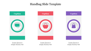 Slide showcasing three handbag icons in teal, red, and purple with matching captions and description areas below.