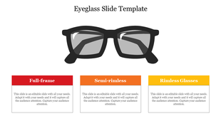 Slide showing a large black eyeglass illustration, with red, orange, and yellow text boxes beneath it.