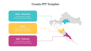 Map of Croatia highlighting Sisak Moslavina, Zadar, and Split Dalmatia regions with labeled boxes.