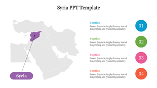 Grey map of the Middle East with Syria highlighted in purple and four colorful numbered circles with captions on the right.