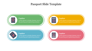 Four rounded rectangular captions in green, yellow, blue, and red, each with a passport icon on the left.