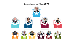 Company hierarchy chart with three levels, starting from a CEO branching into four executives and managers and team leaders.
