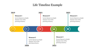 Horizontal timeline slide with key moments represented by colored circles for five years with text captions.