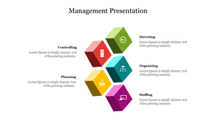 Six colorful 3D cubes representing management functions Controlling, Planning, Directing, Organizing, and Staffing.