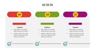 Slide with three section layout in red, green, and purple labeled 60, 20, and 20, containing text areas and checkmarks below.