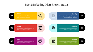 Marketing plan template with six colorful horizontal labels, each step numbered from 01 to 06, featuring icons and titles.