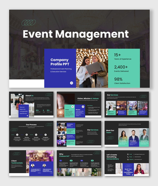 Event management company profile PPT with modern design, team visuals, service details, and clean layouts for business PPT.