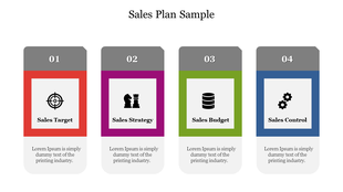 Rectangular layout with four sections in red, purple, green, and blue, each containing icons and text in boxes.
